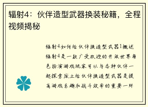 辐射4：伙伴造型武器换装秘籍，全程视频揭秘